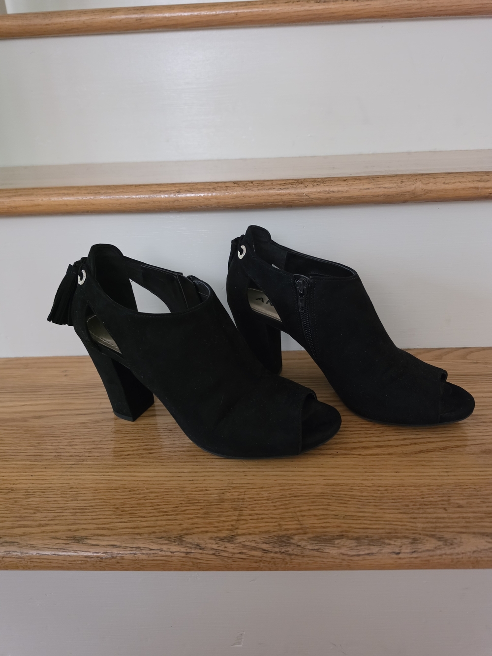 Black Suede Open-Toe Block Heel Booties - Women Size 8